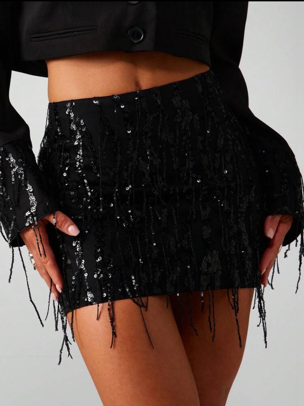 Missguided Black Sequin Fringe Mini Skirt